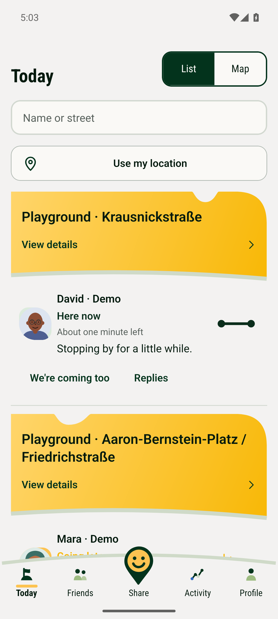 Friendground’s Today screen showing example friends at a playground now and others going later.